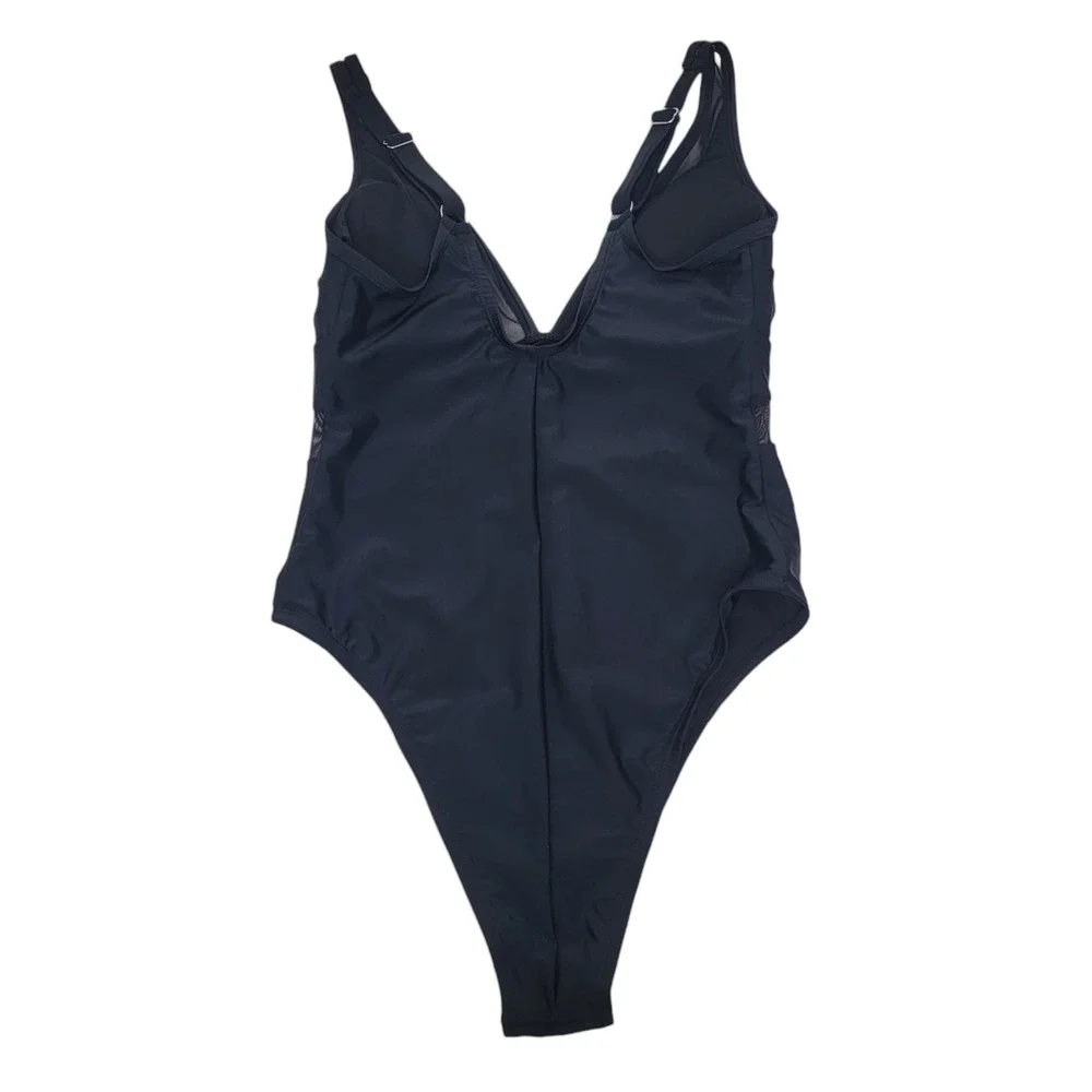 Cupshe Swimsuit V Neck Black 0X Mesh Sheer Panel Minimalist Plus One Piece